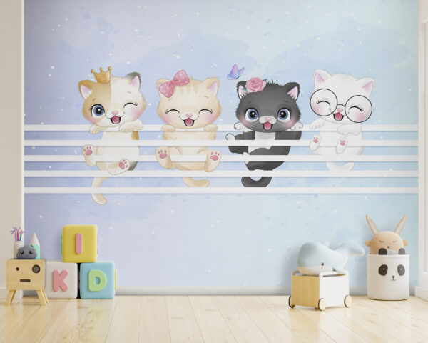 Grupo de gatitos sobre una valla blanca Grupo de gatitos sobre una valla blanca