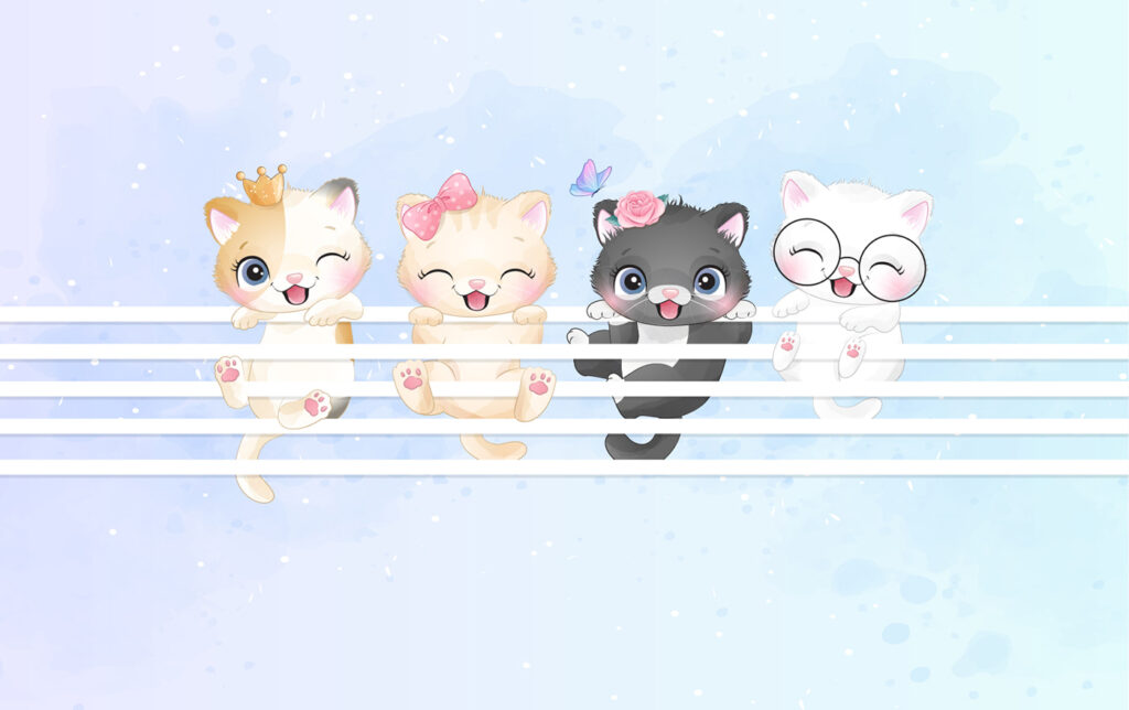 Grupo de gatitos sobre una valla blanca Grupo de gatitos sobre una valla blanca