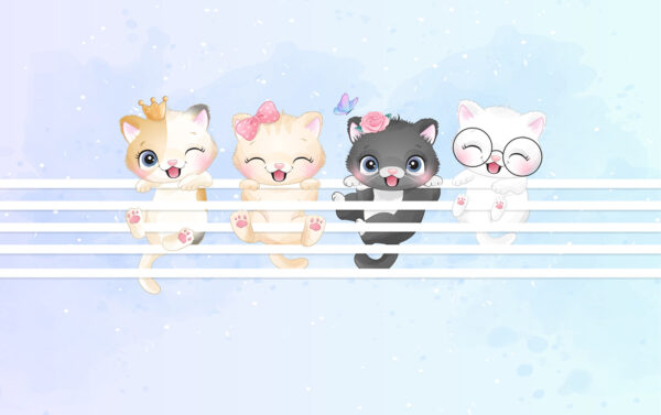 Grupo de gatitos sobre una valla blanca Grupo de gatitos sobre una valla blanca