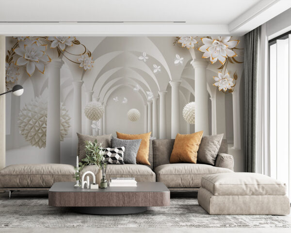 Habitación blanca con flores blancas y bolas blancas Habitación blanca con flores blancas y bolas blancas