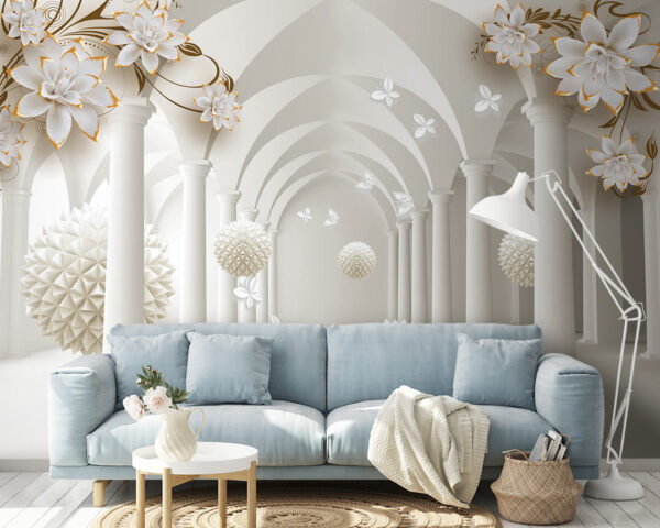 Habitación blanca con flores blancas y bolas blancas Habitación blanca con flores blancas y bolas blancas