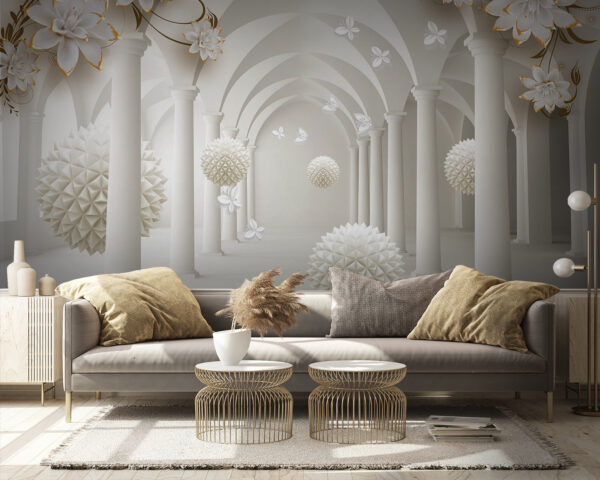Habitación blanca con flores blancas y bolas blancas Habitación blanca con flores blancas y bolas blancas