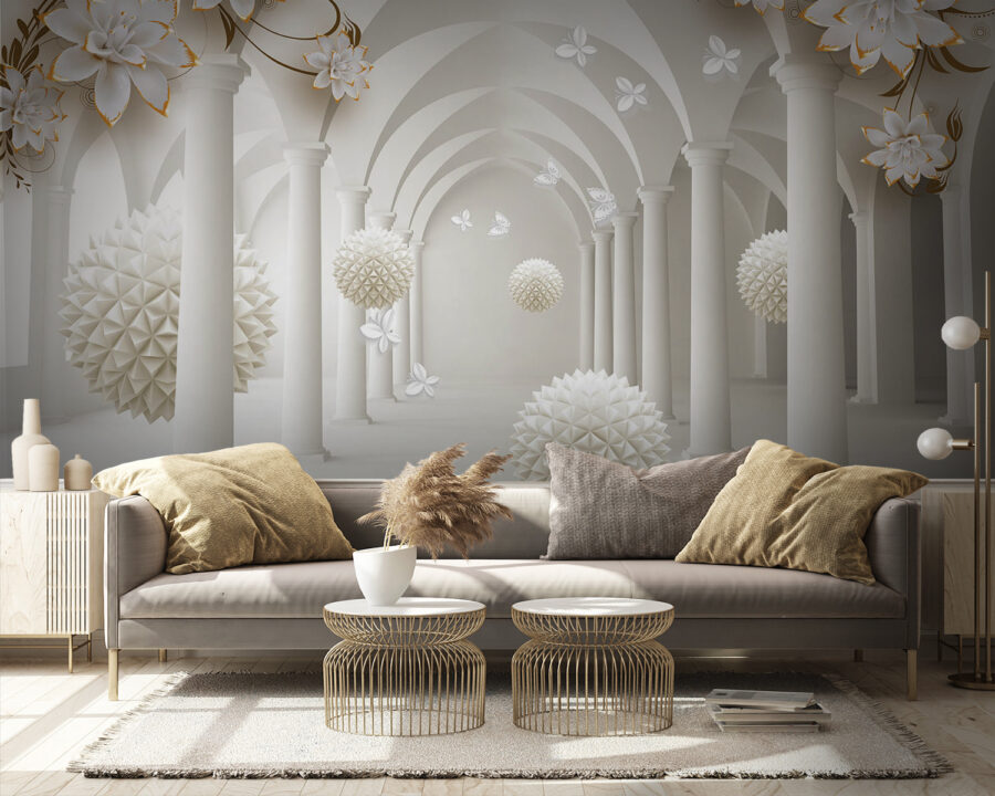 Habitación blanca con flores blancas y bolas blancas Habitación blanca con flores blancas y bolas blancas