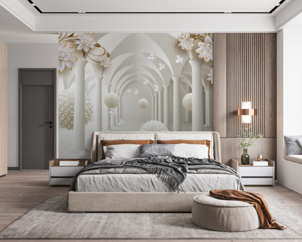 Habitación blanca con flores blancas y bolas blancas Habitación blanca con flores blancas y bolas blancas