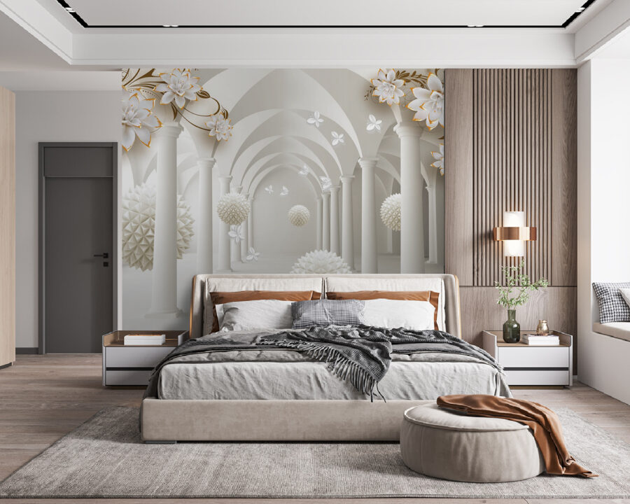 Habitación blanca con flores blancas y bolas blancas Habitación blanca con flores blancas y bolas blancas