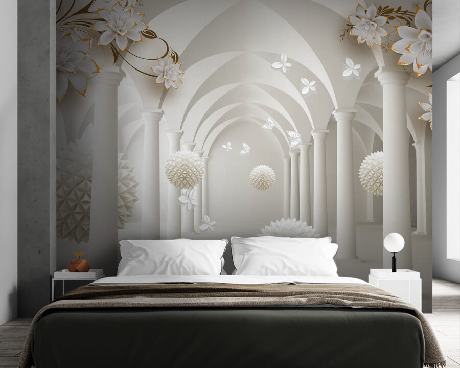 Habitación blanca con flores blancas y bolas blancas Habitación blanca con flores blancas y bolas blancas