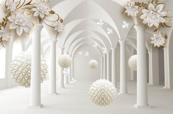 Habitación blanca con flores blancas y bolas blancas Habitación blanca con flores blancas y bolas blancas