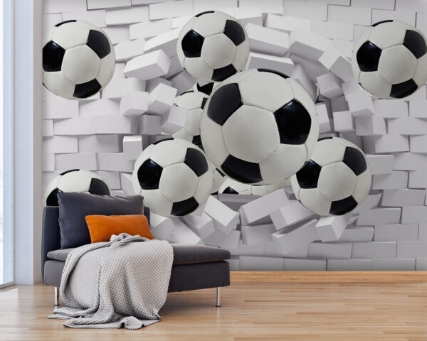 Grupo de balones de fútbol volando sobre un muro Grupo de balones de fútbol volando sobre un muro