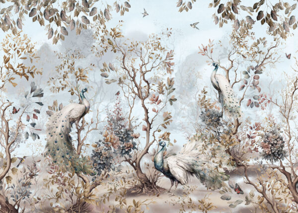 Pintura de pavos reales en un bosque Pintura de pavos reales en un bosque