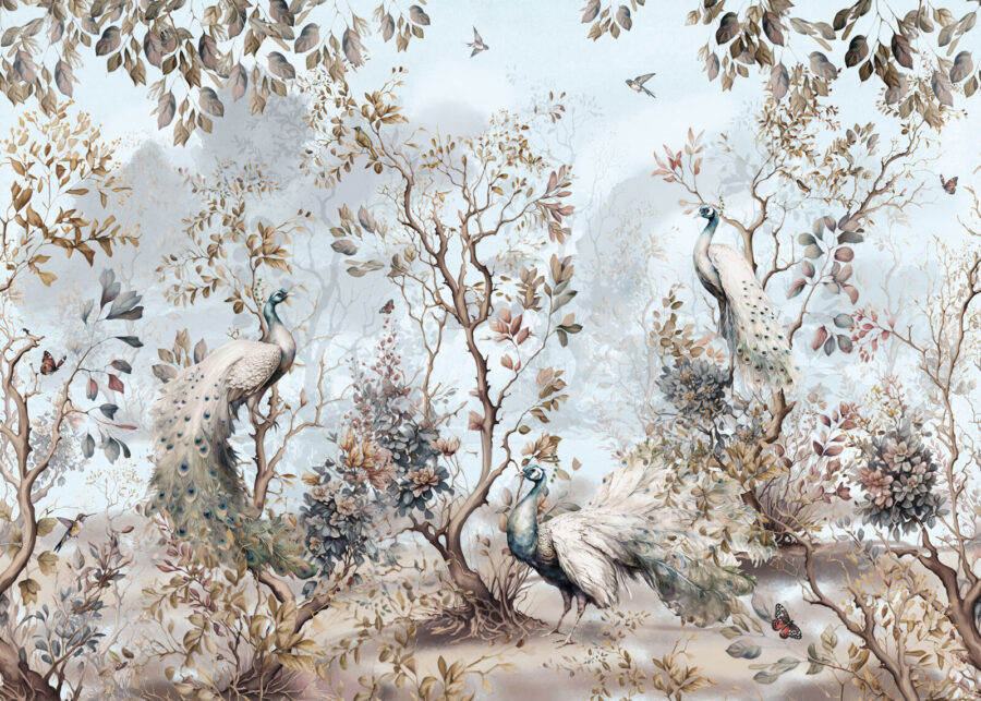 Pintura de pavos reales en un bosque