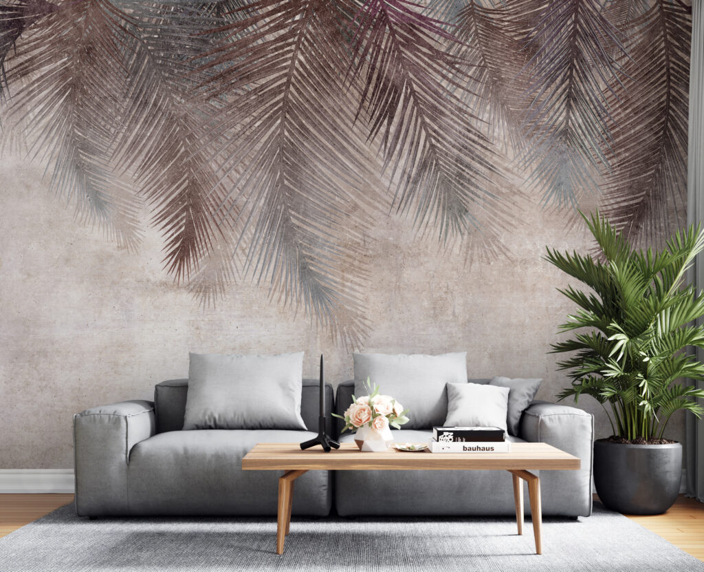 Muted palm leaves on textured background
