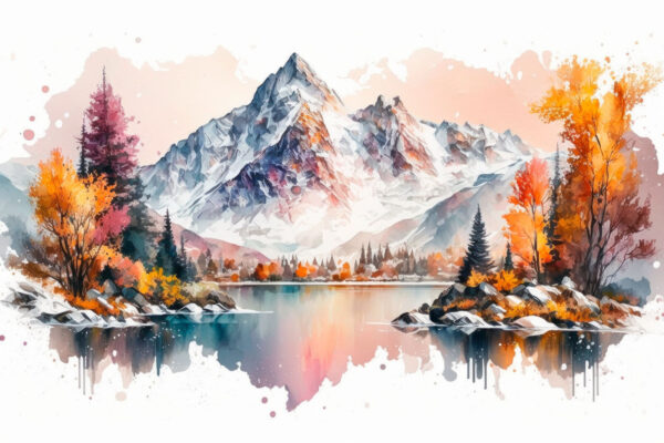 Acuarela de una montaña y un lago Acuarela de una montaña y un lago