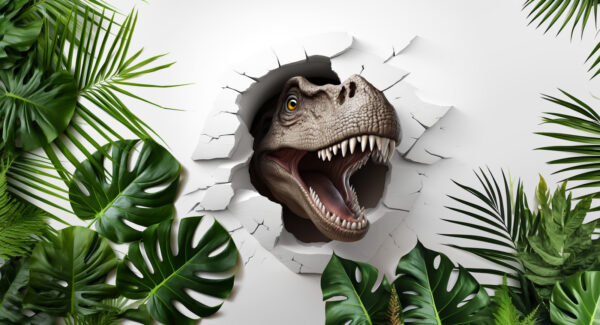 Cabeza de dinosaurio saliendo de un agujero en la pared Cabeza de dinosaurio saliendo de un agujero en la pared