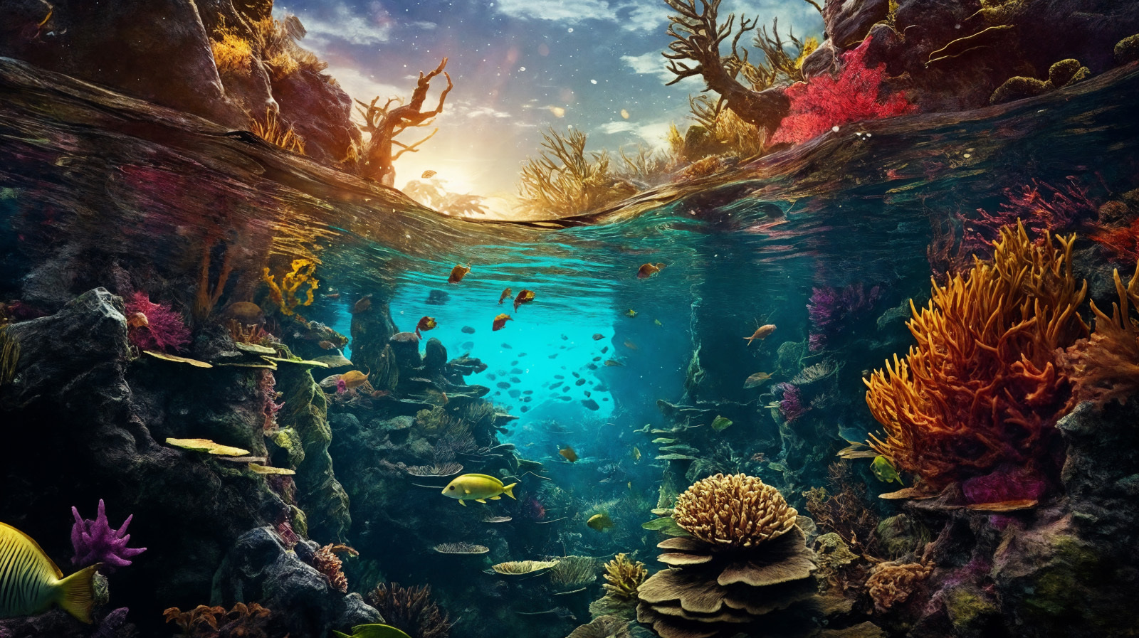 Underwater view of a coral reef with fish and corals