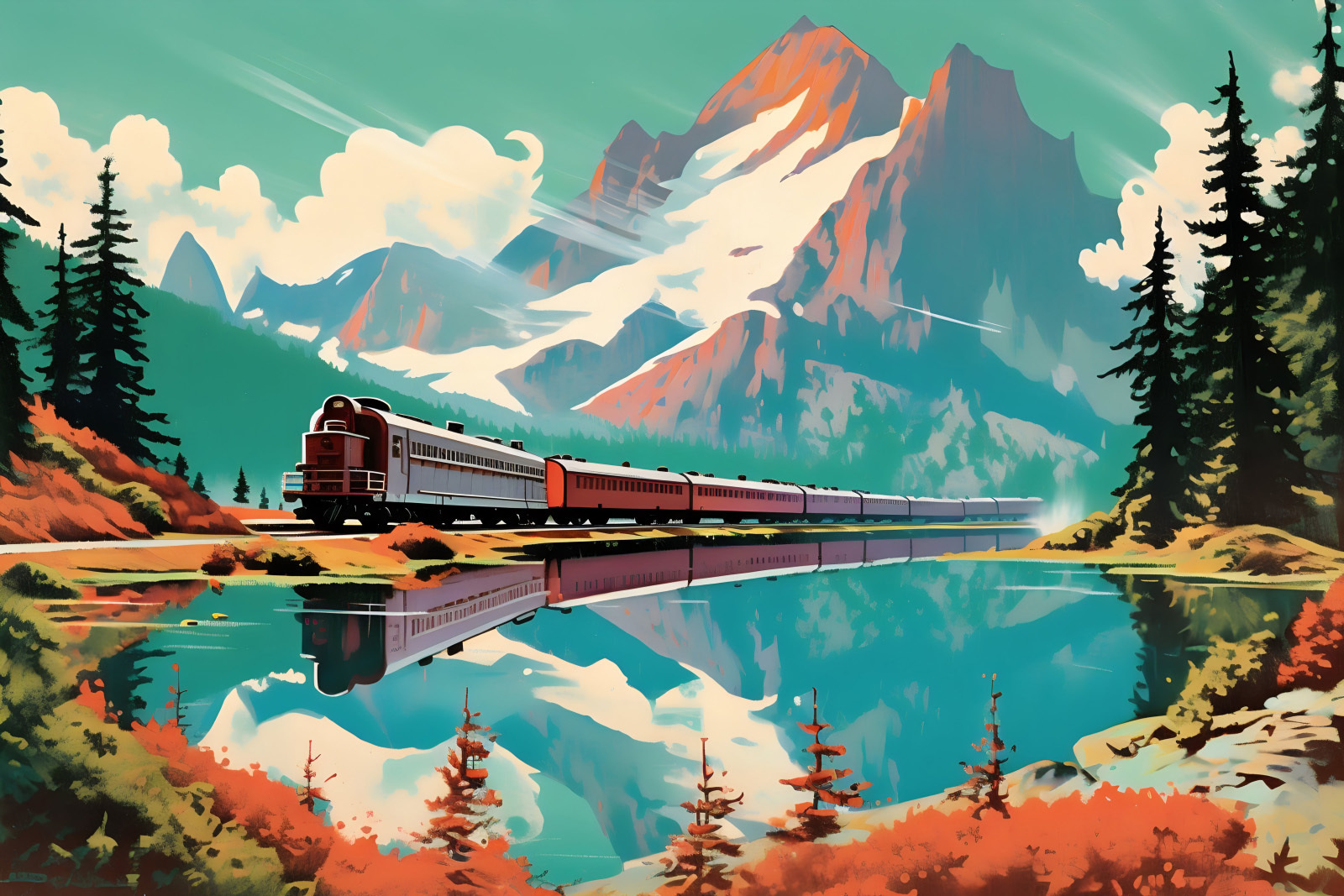 Train on the tracks by a lake