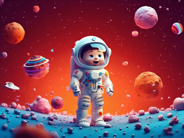 Dibujo animado de un astronauta de juguete en el espacio Dibujo animado de un astronauta de juguete en el espacio