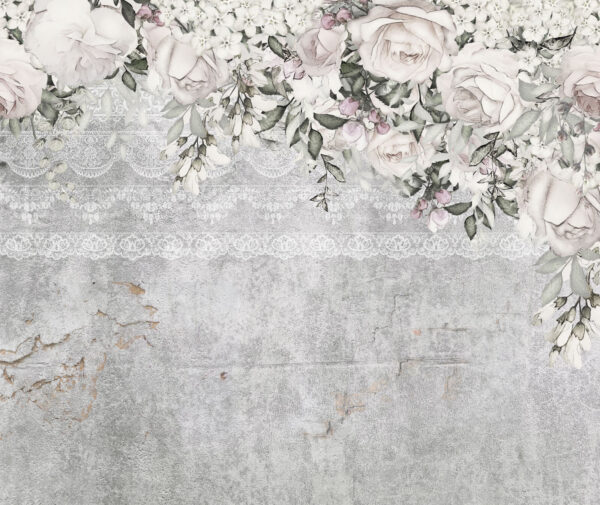 Flores blancas y rosas sobre fondo gris Flores blancas y rosas sobre fondo gris