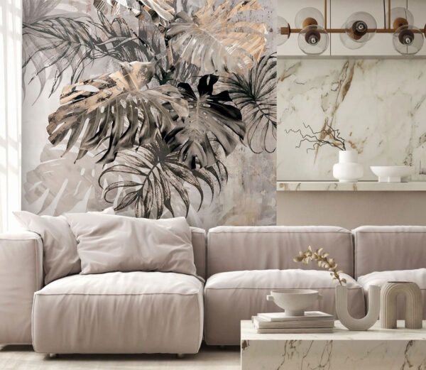 Pared gris y blanca con hojas Pared gris y blanca con hojas