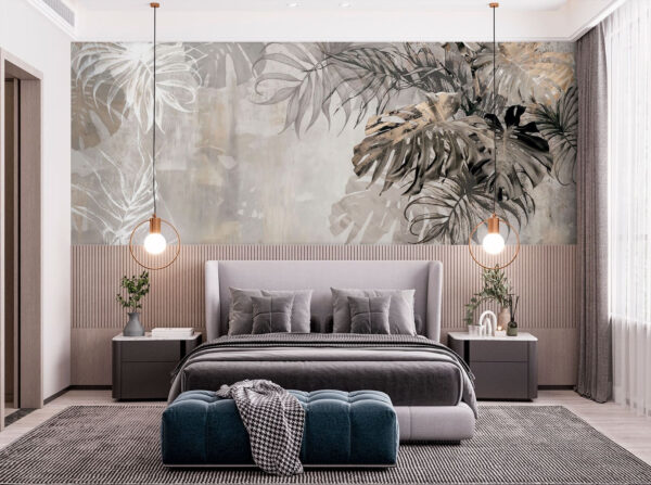 Pared gris y blanca con hojas Pared gris y blanca con hojas