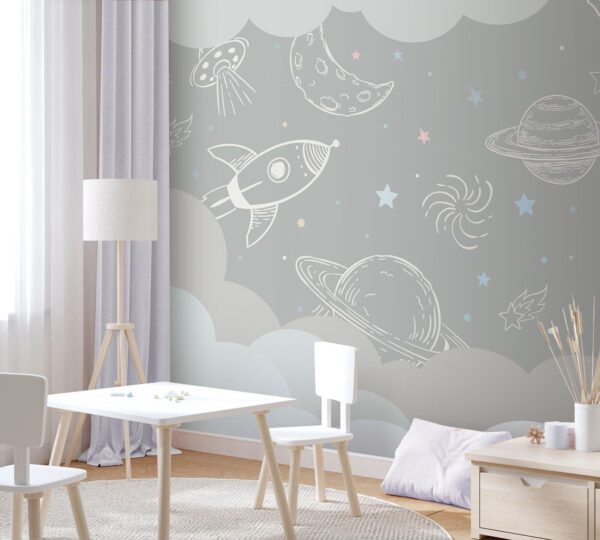 Fondo gris con nubes y cohetes Fondo gris con nubes y cohetes