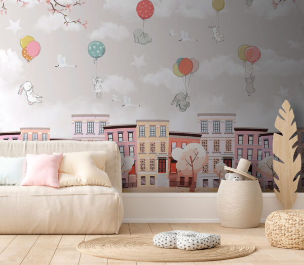 Ciudad con árboles y globos Ciudad con árboles y globos