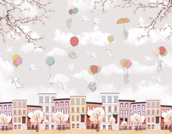 Ciudad con árboles y globos Ciudad con árboles y globos