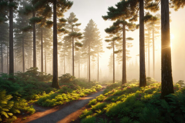 Sendero a través de un bosque con árboles y plantas Sendero a través de un bosque con árboles y plantas