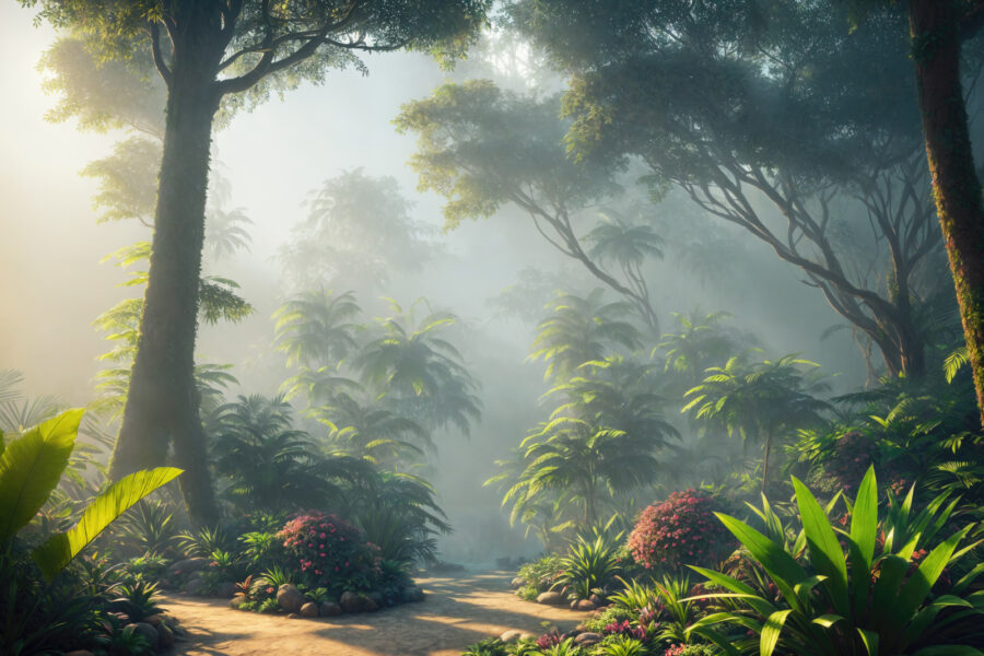 Sendero a través de un bosque con árboles y plantas Sendero a través de un bosque con árboles y plantas