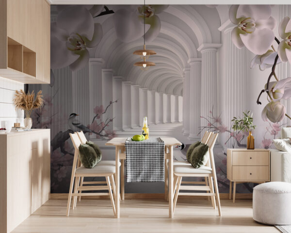 Arco blanco con columnas y pájaros blancos Arco blanco con columnas y pájaros blancos