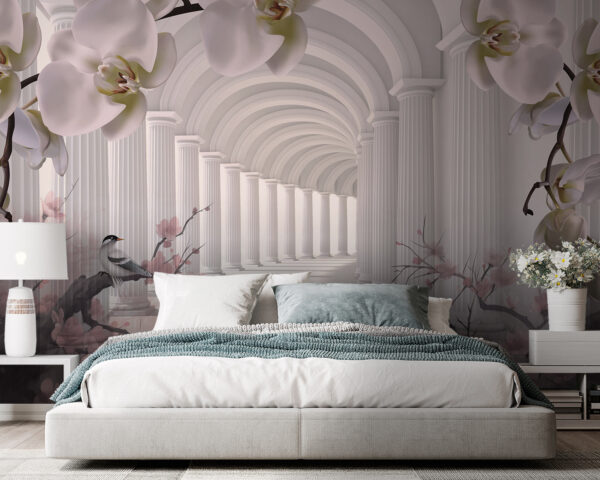 Arco blanco con columnas y pájaros blancos Arco blanco con columnas y pájaros blancos