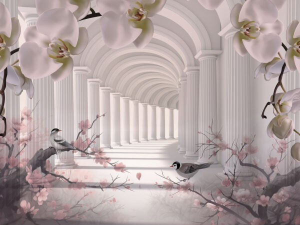 Arco blanco con columnas y pájaros blancos Arco blanco con columnas y pájaros blancos
