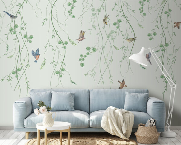 Papel pintado con pájaros y enredaderas Papel pintado con pájaros y enredaderas