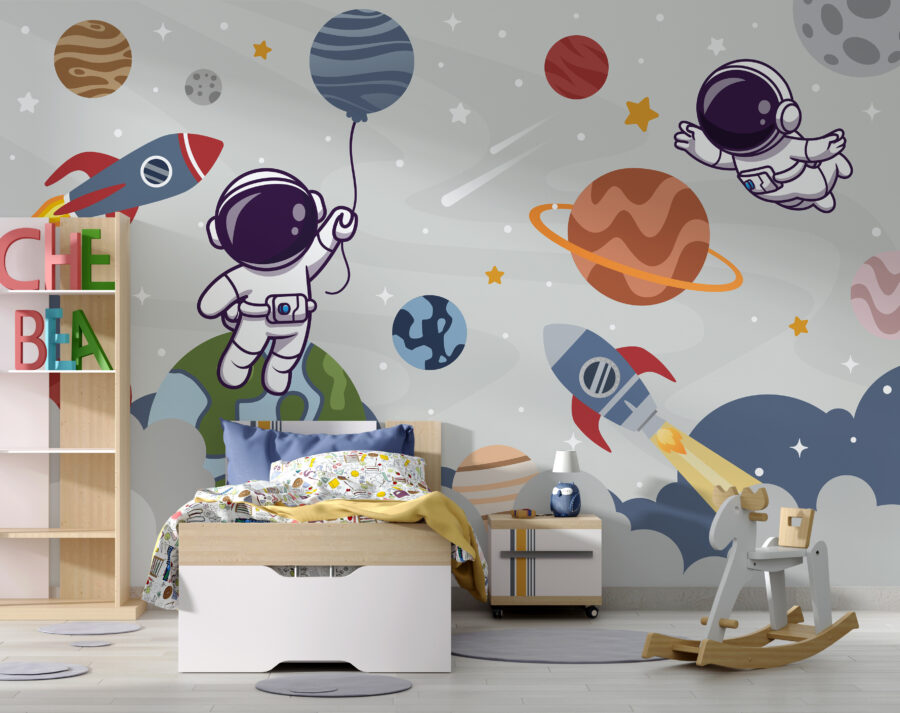 Fotomurales Astronauta de dibujos animados en el espacio con planetas y cohete volando en el cielo - Imagen 4