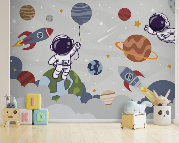 Astronauta de dibujos animados en el espacio con planetas y cohete volando en el cielo Astronauta de dibujos animados en el espacio con planetas y cohete volando en el cielo