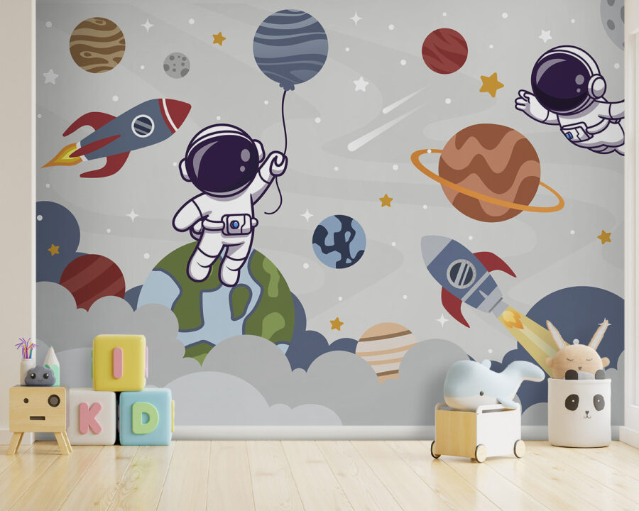 Fotomurales Astronauta de dibujos animados en el espacio con planetas y cohete volando en el cielo - Imagen 3