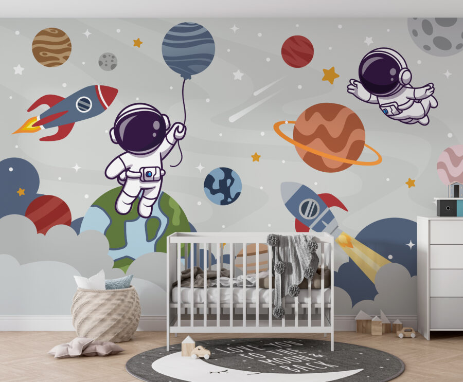 Fotomurales Astronauta de dibujos animados en el espacio con planetas y cohete volando en el cielo - Imagen 2
