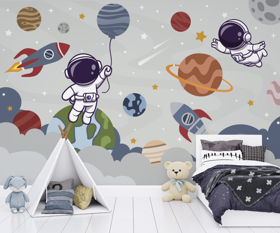 Fotomurales Astronauta de dibujos animados en el espacio con planetas y cohete volando en el cielo