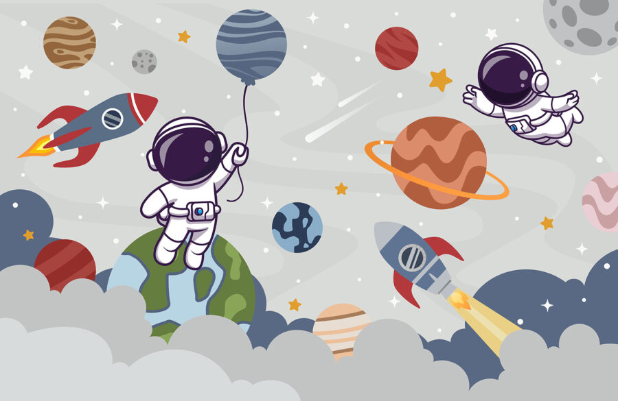 Fotomurales Astronauta de dibujos animados en el espacio con planetas y cohete volando en el cielo - Imagen 7