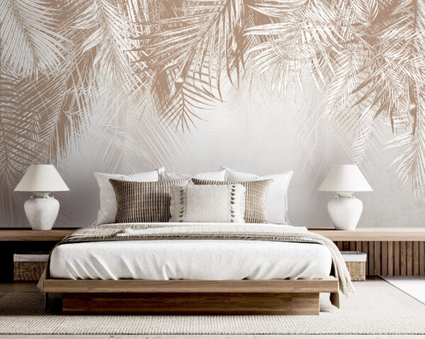 White and brown background with palm leaves White and brown background with palm leaves