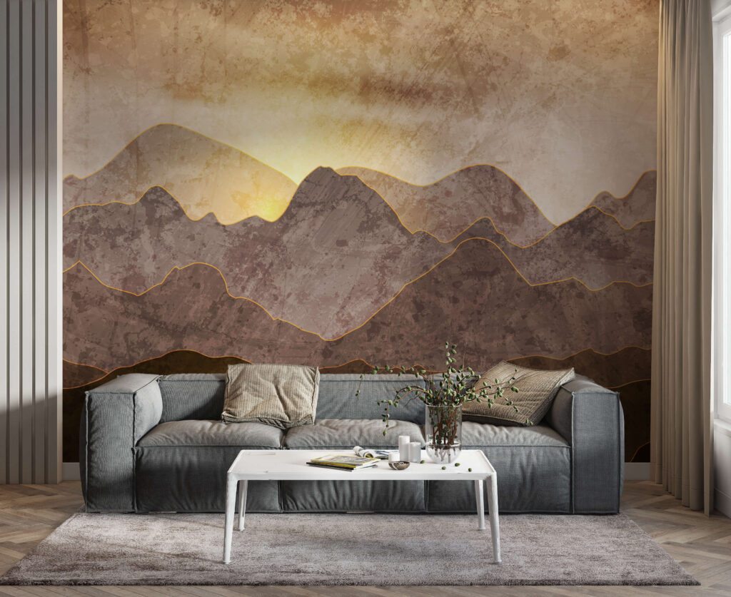 Painting of mountains and sun
