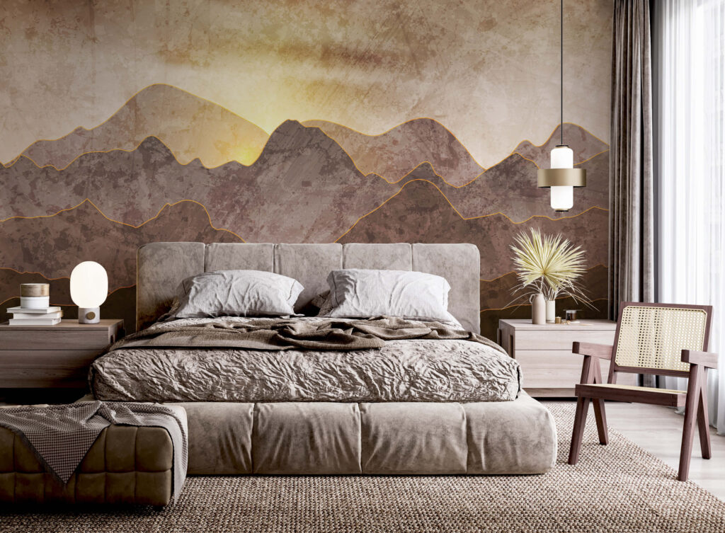 Painting of mountains and sun