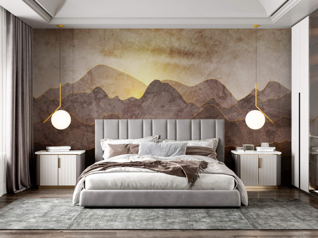 Painting of mountains and sun