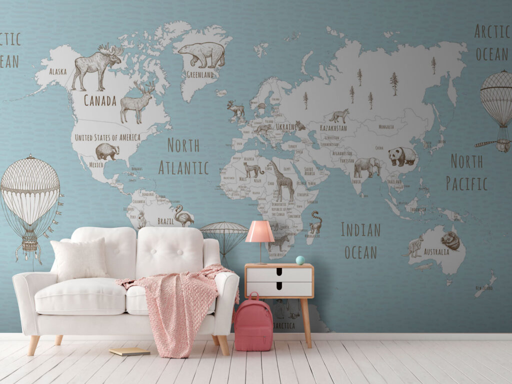 Map of the world with animals