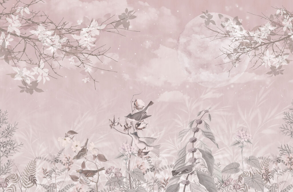 Fondo rosa con pájaros y flores Fondo rosa con pájaros y flores