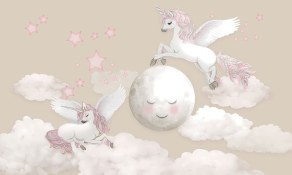 Grupo de unicornios volando sobre la luna Grupo de unicornios volando sobre la luna