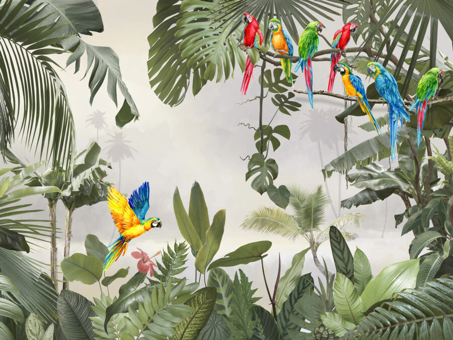 Grupo de pájaros de colores en la rama de un árbol