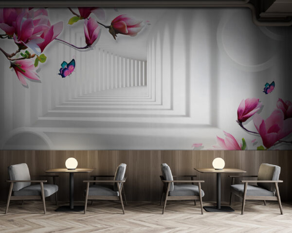 Papel pintado con flores rosas y mariposas Papel pintado con flores rosas y mariposas