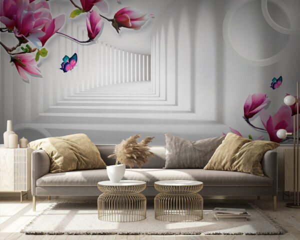 Papel pintado con flores rosas y mariposas Papel pintado con flores rosas y mariposas