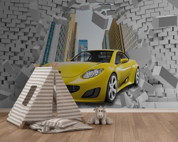 Coche amarillo en un muro de ladrillos Coche amarillo en un muro de ladrillos
