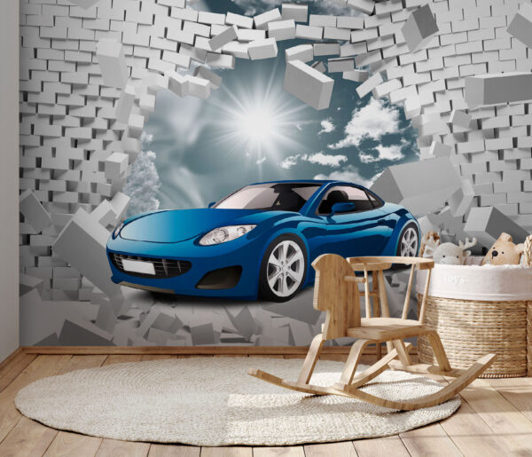 Coche azul en un muro de ladrillos blancos Coche azul en un muro de ladrillos blancos